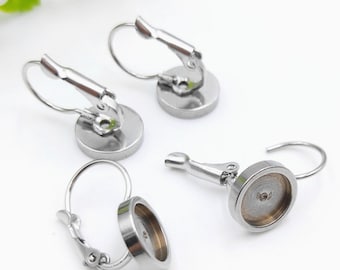 10 Pieces 316L Stainless Steel French Lever Back Earring Settings - 10mm To 25mm Cabochon Size - Silver