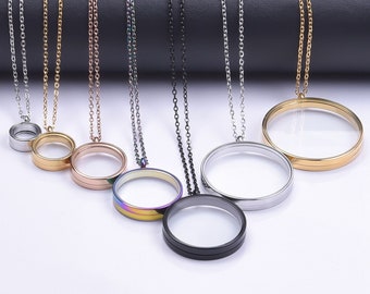 Clear Glass Floating Locket + Necklace - Living Charms Locket Pendant - Rotate Open Threaded Swivel Memory Lockets Necklace