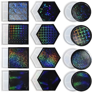 May include: Set of 10 clear resin moulds for making coasters. The moulds are in the shape of squares and hexagons. The moulds are shown with different patterns inside, including geometric shapes, glitter, and abstract designs.
