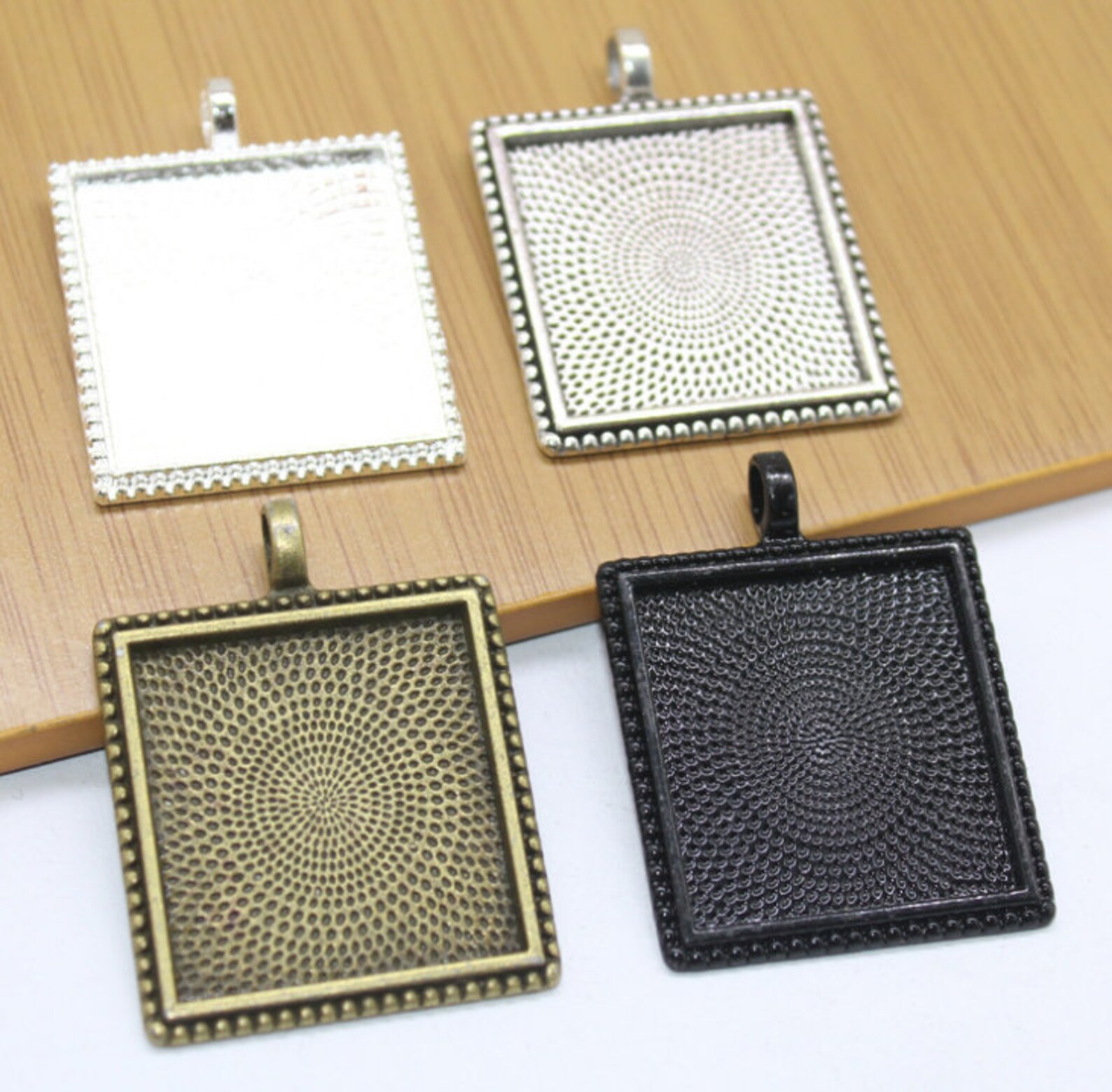 10pcs Antique Silver Square Pendant Cabochon Settings – 25x25mm Alloy Bezel Trays