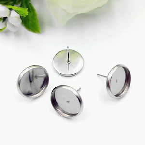 50pcs STAINLESS Steel Earring Stud - Surgical Steel Blank Bezel - Round Cabochon Setting Earring Blank - Earring Studs Back Included