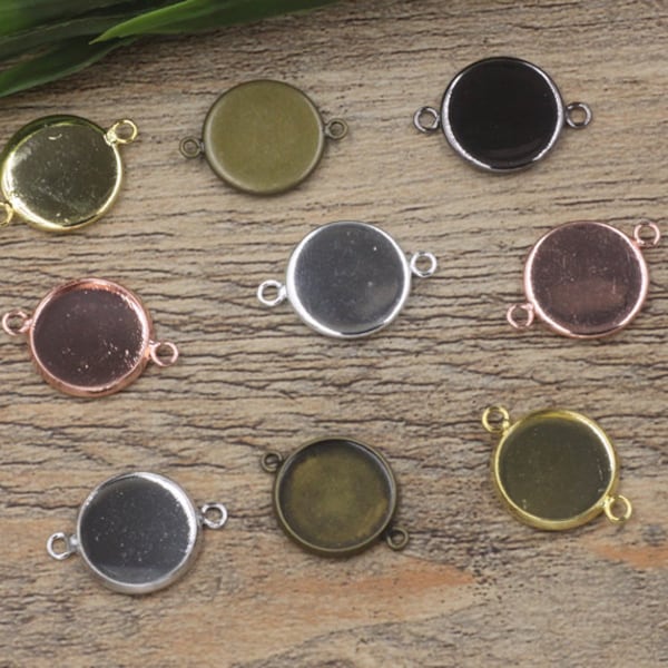 10-25mm Round Bezel Cups with 2 connector, 1mm Deep - Round Brass Trays - Brass Bezel Cups - Silver Cabochons Setting, Nickel,Lead Free