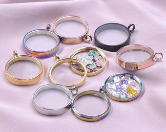 Floating Locket - Stainless Steel Glass Locket - Living Glass Charm Locket Pendant - Rotate Open Necklace Lockets