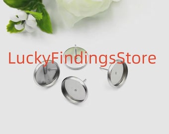 50pcs STAINLESS Steel Earring Stud - Surgical Steel Blank Bezel - Round Cabochon Setting Earring Blank - Earring Studs Back Included