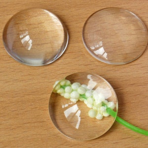 Könnte beinhalten: Drei klare Glaslupen auf einer Holzoberfläche. Eine Lupe hat eine kleine weiße Blume mit einem grünen Stiel in der Mitte.
