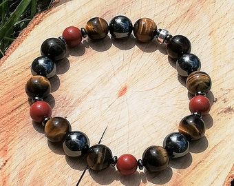 Natural stone bracelet, tiger's eye (10 mm), hematite (10 mm), red jasper (8 mm), physical strength, protection, silver primer 925