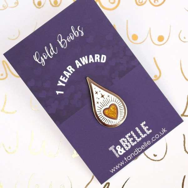 1 Year Breastfeeding & Expressing Milestone Award Enamel Pin: Gold Boobs Droplet Shaped Keepsake Badge
