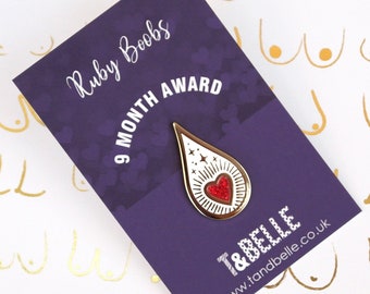 9 Months Breastfeeding & Expressing Milestone Award Enamel Pin: Ruby Boobs Droplet Shaped Keepsake Badge