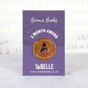 Könnte beinhalten: Eine bronzene Anstecknadel mit Glitzer, die eine stillende Mutter mit einem Baby zeigt. Die Anstecknadel trägt die Aufschrift "Breastfeeding Milestone Award" und "3 Month Award". Die Karte zeigt "Bronze Boobs 3 Month Award" und "T&Belle www.tandbelle.co.uk".
