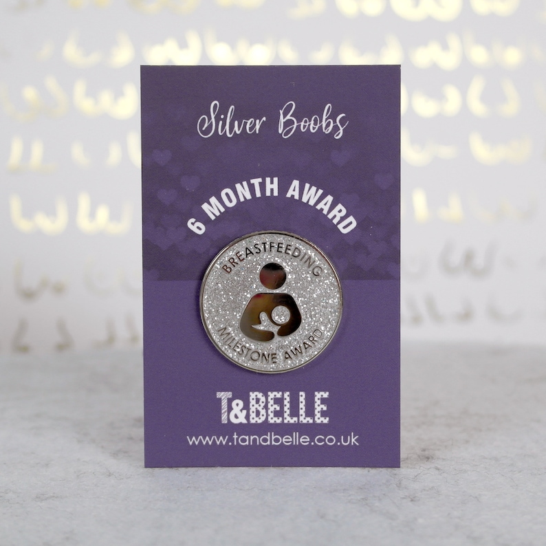 A silver 6 months "Breastfeeding Milestone Award" enamel pin badge with silver glitter on a purple backing card.
