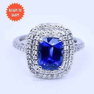 Genuine 2.94ct Ceylon Royal Blue Sapphire Gemstone Diamond Ring, Sapphire Cushion Cut Ring, Engagement Ring, 18k White Gold Ring 6.5 US