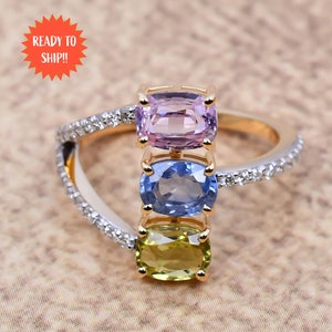 2.72ct Blue Sapphire Engagement Ring, Yellow Sapphire Diamond Ring, 18k Yellow Gold Ring, Gemstone Wedding Ring, Christmas Gift, Ring 6.5 US