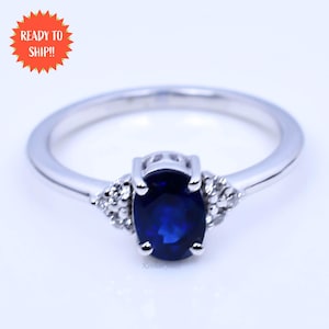 Natural 1.03ct Oval Blue Sapphire Engagement Ring, Ceylon Blue Sapphire Gemstone Ring, 18k White Gold Ring, Sapphire and Diamond Ring 6.5 US