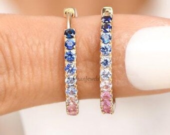 Natural Multi Sapphire Gemstone Hoops Earrings | GJEPC Certified Earring | 14K/18K Yellow Gold Earring | Birthday / Promise Gift For Her