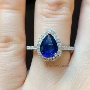 1.20CT Birne natürlicher blauer Saphir GH-SI Diamant Teardrop Ring, GJEPC zertifizierter Diamant, 14k / 18k Weißgold Hochzeitsgeschenk Ring, Damenring