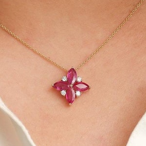 Natural 2.48Ct Marquise Cut Ruby Diamond Floral Pendant Necklace 18&quot;, Solid 14k/18k Gold Pendant, Natural Diamond Birthday Gift Pendant