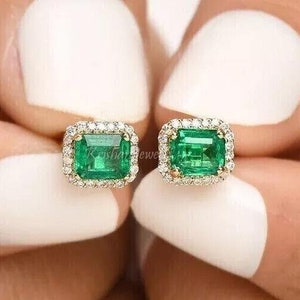 2.50Ct Natural Emerald & Diamond Wedding Stud Earrings, 14k/18k Yellow Gold Earring, GJEPC Certified Diamond , Anniversary / Birthday Gift