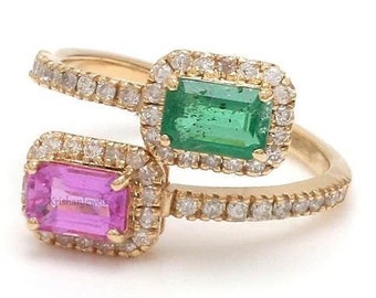 Natural Emerald And Pink Sapphire Two Stone Spiral Ring, 14K/18K Yellow Gold Women&#39;s Ring, GJEPC Certified Diamond, Promise Gift For Women&#39;s