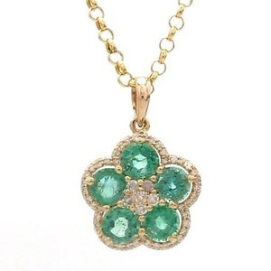 Natural 0.22 Ct Diamond & Round Green Emerald Chain Pendant Necklace 18&quot;, Solid 14k/18k Yellow Gold Pendant, Birthday Gift For Women&#39;s