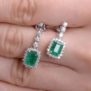 4.66CT Emerald Cut Natural Green Emerald & Diamond Halo Drop Earrings, GJEPC Certified Diamond, 14K/18K White Gold Earring, Gift For her