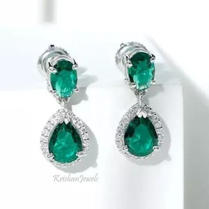 3.80Ct Natural Emerald Gemstone Earring, GJEPC Certified Lab Grown Diamond Drop Dangle Earrings, 14K/18K White Gold, Birthday Gift For her