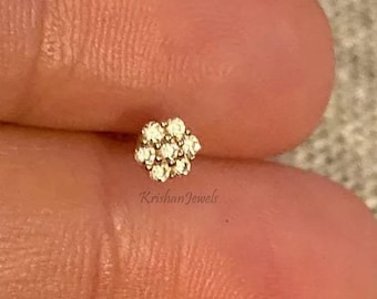 14K/18K Yellow Gold Stud Nose Pin, 0.10ct Round Cut GH SI Natural Diamond Women&#39;s Nose Pin, Handmade Gold Nose Pin, Piercing Gift Jewelry