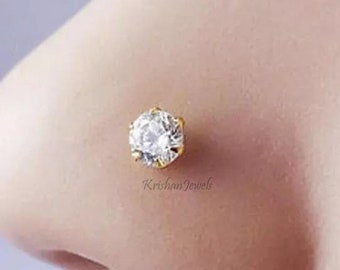 3MM Natural GH SI Round Diamond Women&#39;s Nose Pin Piercing, 14K/18k Yellow Gold Nose Pin, Diamond Nose Pin For Women&#39;s, Solid Gold Nose Pin