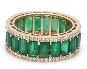 Natural Emerald Gemstone Eternity Band | GJEPC Certified Diamond | Real Diamond Wedding Band Ring | 14k/18k Yellow Gold | Anniversary Gift