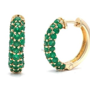 Natural Round Cut 3 Cts Emerald Gemstone Huggies Earrings | GJEPC Certified | 14K/18K Yellow Gold Hoop Earring | Birthday Gift For Women&#39;s
