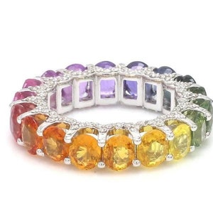 Natural 5x4 MM Multi Sapphire Diamond Eternity Band Ring | GJEPC Certified | 14k/18k Gold Ring | Engagement Band Ring | Gift For Women&#39;s