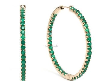 Natural Round Cut 2.30MM Green Emerald Hoops Earring, 14K/18K Yellow Gold Women&#39;s Hoop Earring, Anniversary Gift For Her, GJEPC Certified