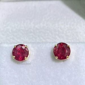 1.00Ct Round Cut Natural Ruby Women&#39;s Stud Earrings, Solid 14K/18K Yellow Gold Stud, Ruby Gemstone Earrings, Women&#39;s Birthday Gift for her