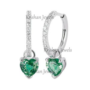 18K Gold Green Emerald and Lab Grown Diamond Earrings, Emerald Small Hoop Earring, Birthstone Mother Jewelry, Drop Earring, Birthday Gift