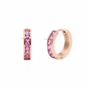 3 MM Princess Cut Channel Set Pink Sapphire Minimalist Earring, 14K/18K Rose Gold Pink Sapphire Hoops for Women's, Perfect Gift for Stepmom
