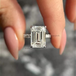 4.50Cts Emerald Cut Lab Grown Diamond Ring, Engagement Ring, Dainty Wedding Gift, 14k White Gold Diamond Travel Ring, Birthday Gift for her