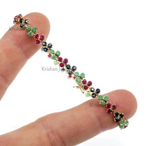 14k Solid Yellow Gold Natural Emerald Ruby and Blue Sapphire Bracelet 7.25 inch, Statement Gift, Women&#39;s Bracelet, Wedding Gift for her