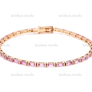 14k/18k Solid Gold Natural Real Pink Sapphire Tennis Bracelet, Classic Baguette Cut Pink Sapphire Gold Jewelry, Perfect Women Birthday Gifts