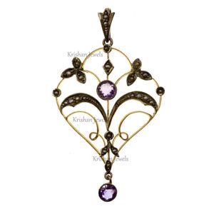 Victorian 9ct Solid Yellow Gold Lavalier Pendant Amethyst Pearl 2 inch Tall Pendant, Edwardian Art Nouveau Pendant, Women Gift Jewelry