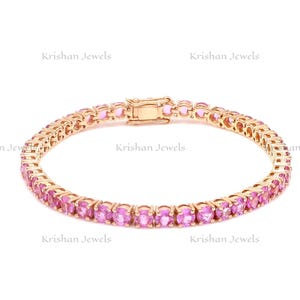 14k/18k Solid Gold Natural Pink Sapphire Round Cut Stackable Tennis Bracelet, Personalized Gift for Women, Delicate Bridal Wedding Jewelry