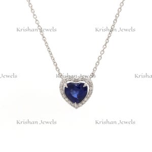 14K/18K Gold Natural Blue Sapphire and Diamond Heart Pendant Necklace, 5mm Heart Cut Sapphire Halo Pendant, Valentines Gifts for Girlfriend