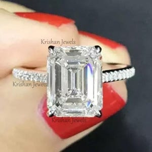 14k White Gold 3.35cts Emerald Cut Lab Grown Diamond Ring, Dainty Engagement Gift Ring, Delicate Diamond Wedding Ring, Promise Ring for Wife