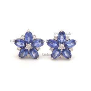 Natural Blue Sapphire and Lab Grown Diamond Stud, 14K White Gold Sapphire Bridal Earring, September Birthstone, Dainty Earring for Mother