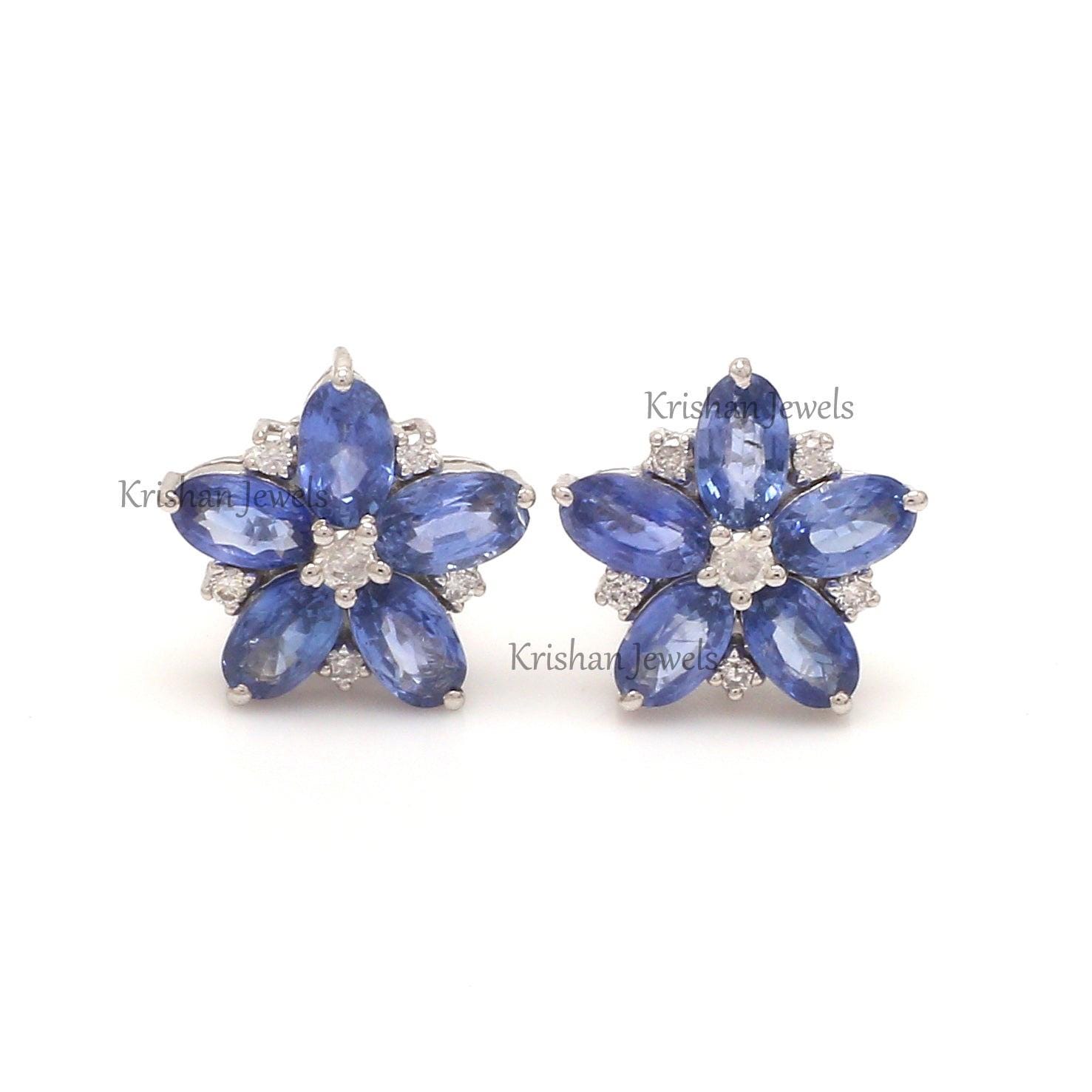 Natural Blue Sapphire and Lab Grown Diamond Stud, 14K White Gold Sapphire Bridal Earring, September Birthstone, Dainty Earring for Mother