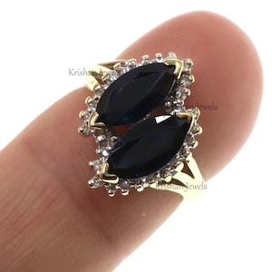 14k Solid Yellow Gold 2ct Natural Blue Sapphire and Diamond Ring, Bridal Halo Wedding Gift, Sapphire Diamond Women&#39;s Ring, Bestfriend Gift