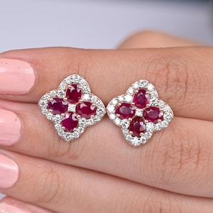 18k Solid Rose Gold Natural Ruby Halo Earrings, Ruby and Diamond Stud Earring, July Birthstone Earring, Gift for Women&#39;s, GJEPC Certified