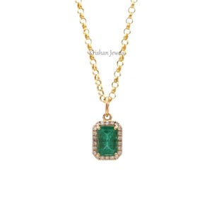 Natural Emerald Cut Green Emerald Gemstone Pendant Necklace 18&quot;, Solid 14k/18k Gold Diamond Pendant Necklace, Anniversary Gift For Women&#39;s