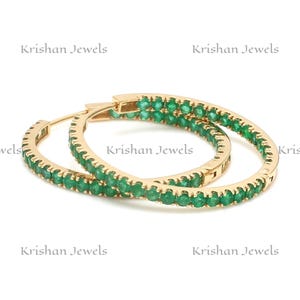 Orecchini a cerchio in oro 14K/18K con smeraldo naturale, orecchini grandi con smeraldo, regali per San Valentino per donne, orecchini minimalisti, regali per damigelle d'onore