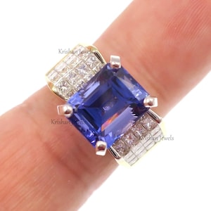 18k Solid Yellow Gold 5.50ct Natural Tanzanite and Diamond Ring, Promise Ring, Violet Blue Natural Tanzanite Gold Unisex Ring, Gift for her