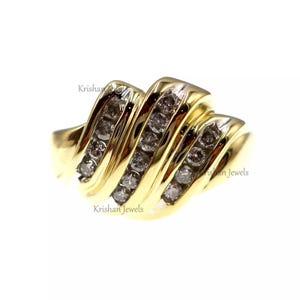 Classic 14k Solid Yellow Gold Natural Diamond 3-Row Ring, Real Diamond Women&#39;s Gold Ring, Dainty Wife Promise Ring, Valentines Day Gift