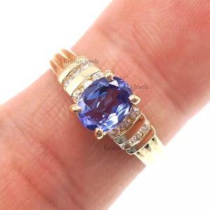 Classic 14k Solid Yellow Gold Natural Tanzanite and Diamond Ring, Violet Blue Tanzanite Gold Ring, Birthday Gift, Step Mother Gift Jewelry